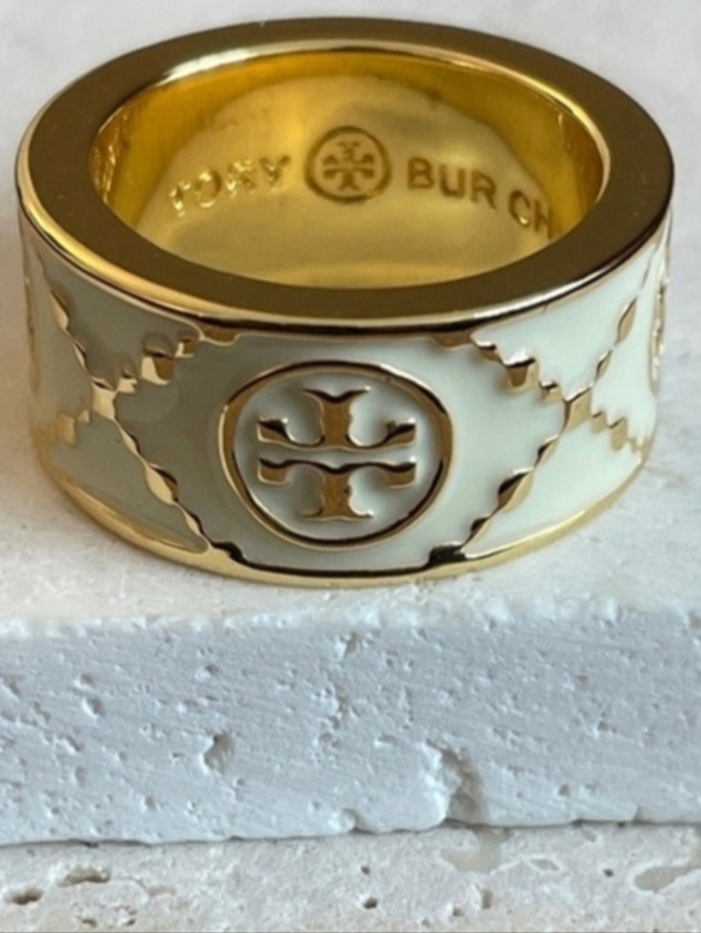 Tory Burch Cream Enamel & Gold Double-T Wide Band Ring